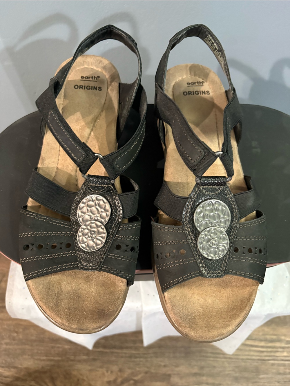Earth Origins Black Slingback Sandals with Silver Medallions